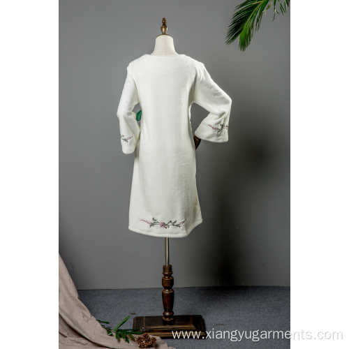 White coral fleece with full embroidery long robe